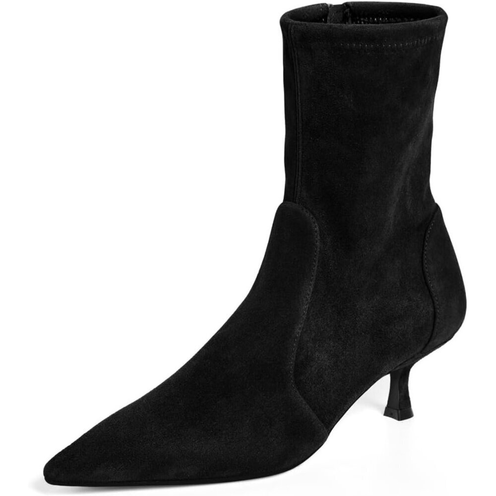 Women's Black Low Kitten Heel Ankle Shoes Pointed Toe Side Zipper Fall Booties